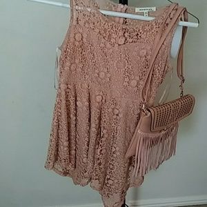 Monteau Lace Rose Dress/ Fringe Rose/Gold purse